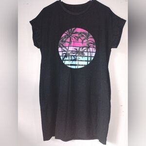 Black Tee with Pink & Aqua Palm Sunset Graphic